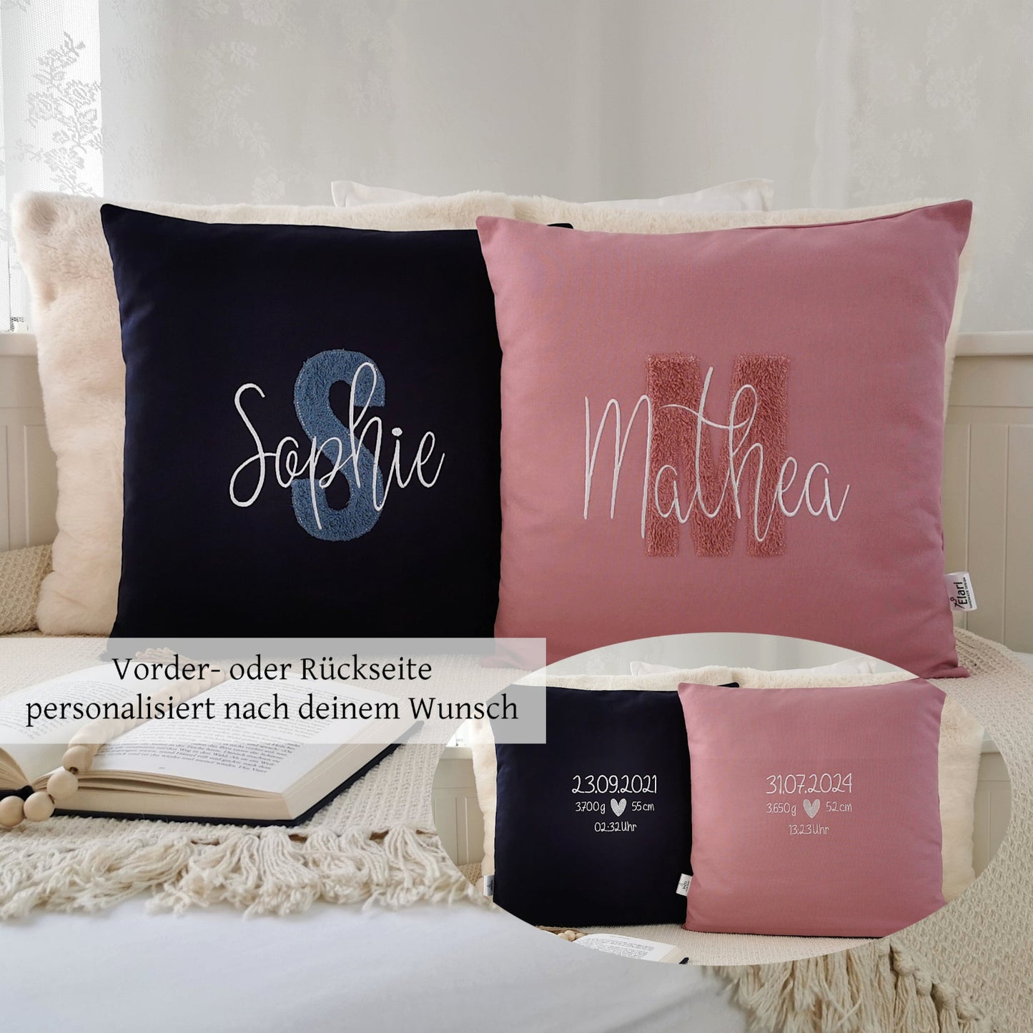 Personalisiertes Baby Kissen in vielen Größen und deinen Lieblingsfarben. Geburtskissen mit Namen und Geburtsdaten, Größe, Gewicht, einem großen und kuscheligen Buchstaben oder Herz bestickt, für Mädchen oder Junge. Babykissen mit Namen und Geburtsdaten, das perfekte Geschenk zur Geburt