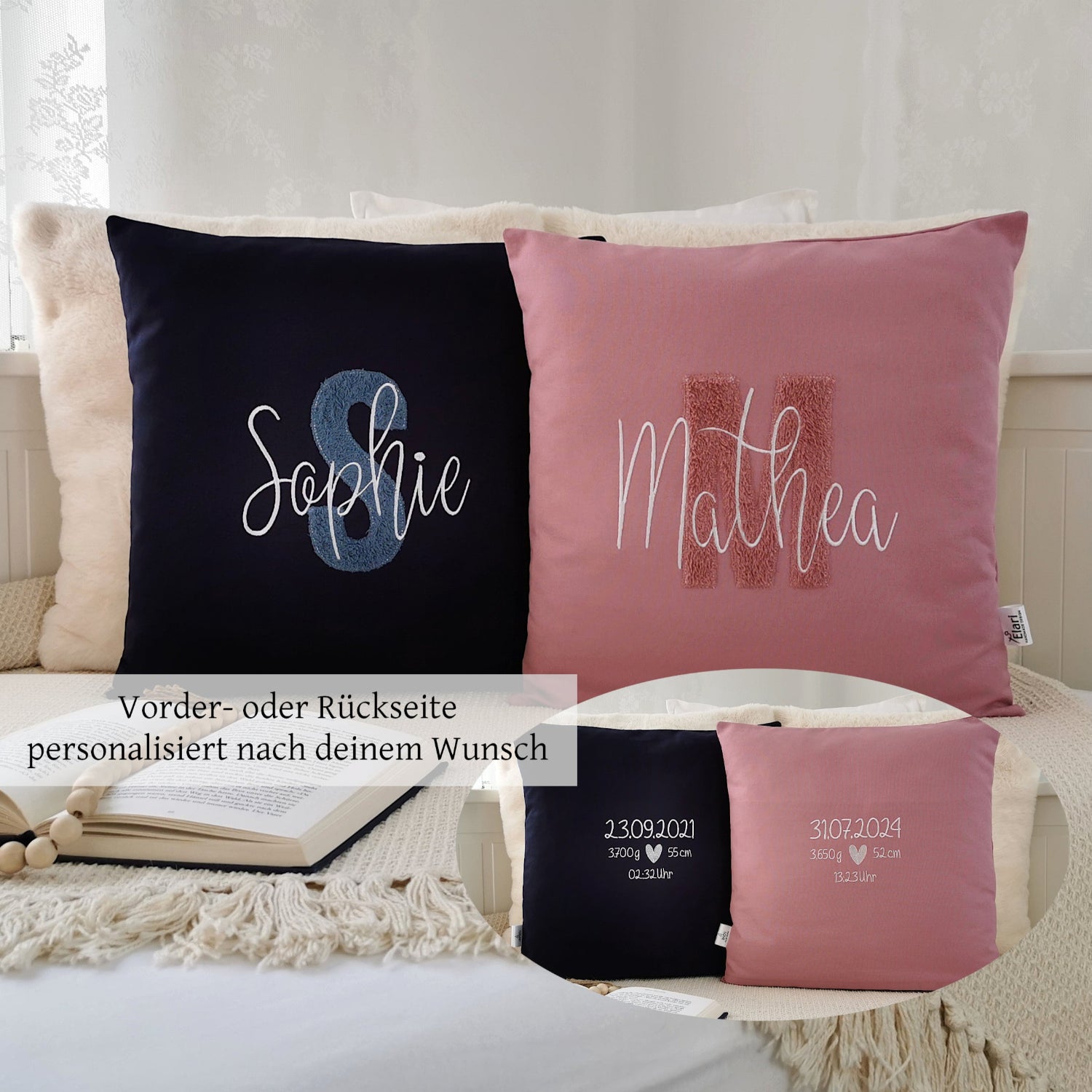 Personalisiertes Baby Kissen in vielen Größen und deinen Lieblingsfarben. Geburtskissen mit Namen und Geburtsdaten, Größe, Gewicht, einem großen und kuscheligen Buchstaben oder Herz bestickt, für Mädchen oder Junge. Babykissen mit Namen und Geburtsdaten, das perfekte Geschenk zur Geburt