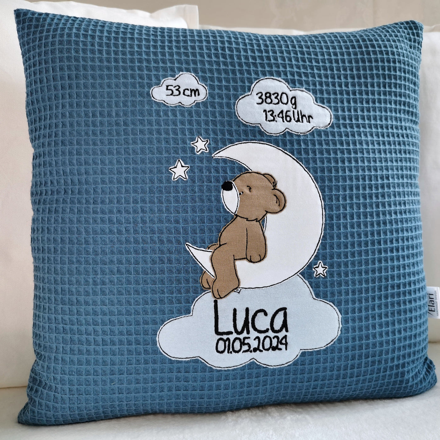 Kissen zur Geburt mit Namen-Geburtskissen mit Größe und Gewicht-Geschenk Kissen zur Geburt personalisiert für Junge-Geburtskissen mit Bär-Elari Handmade Design