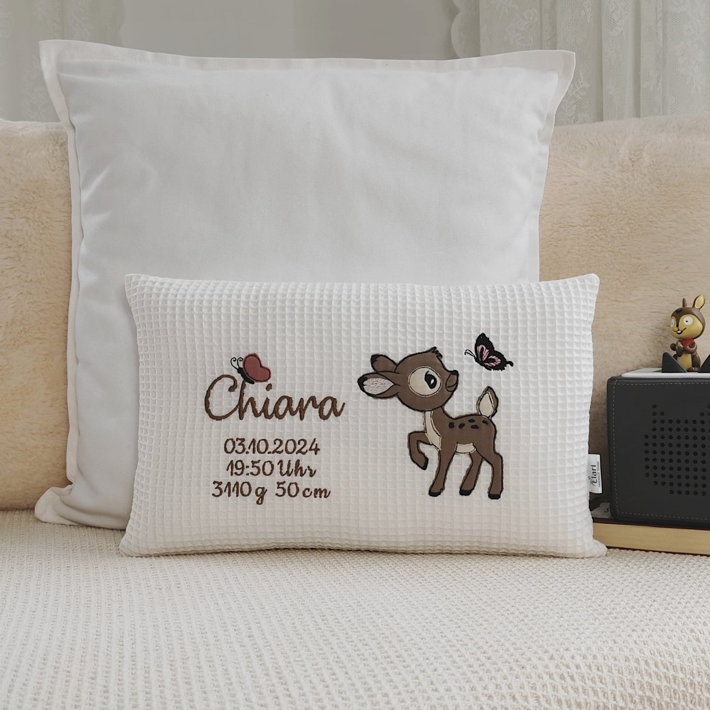 Geburtskissen mit Größe Gewicht-Kissen zur Geburt personalisiert-Babykissen mit Namen-Kissen mit Namen zur Geburt-Geburtskissen Mädchen Reh