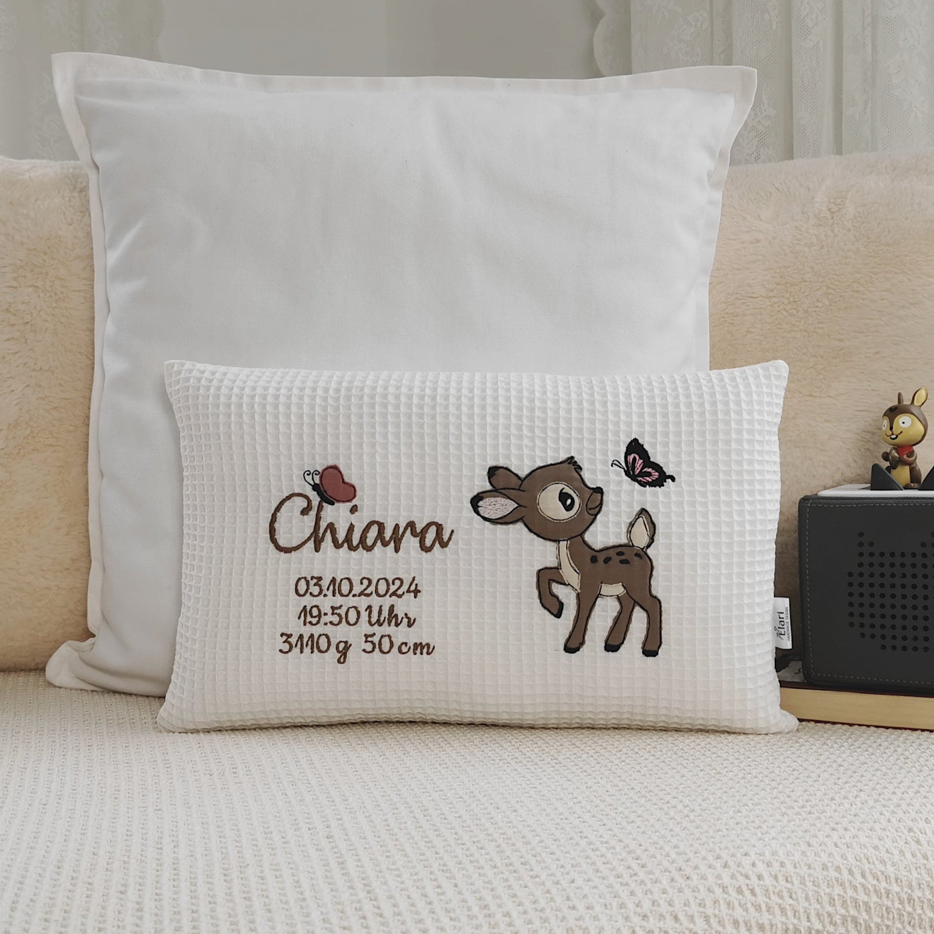 Geburtskissen mit Größe Gewicht-Kissen zur Geburt personalisiert-Babykissen mit Namen-Kissen mit Namen zur Geburt-Geburtskissen Mädchen Reh