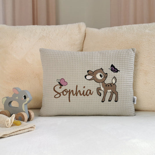 Kissen personalisiert Mädchen Rehkitz-Kuschelkissen mit Namen-Kinderkissen personalisiert-Babykissen mit Namen-Kissen mit Namen Reh-Namenskissen Mädchen