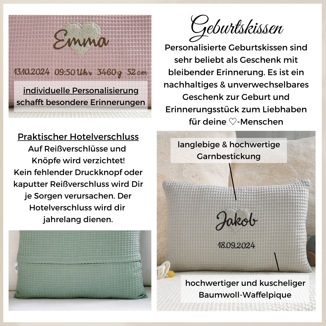 Geburtskissen Herz, mit Größe & Gewicht für Mädchen Junge