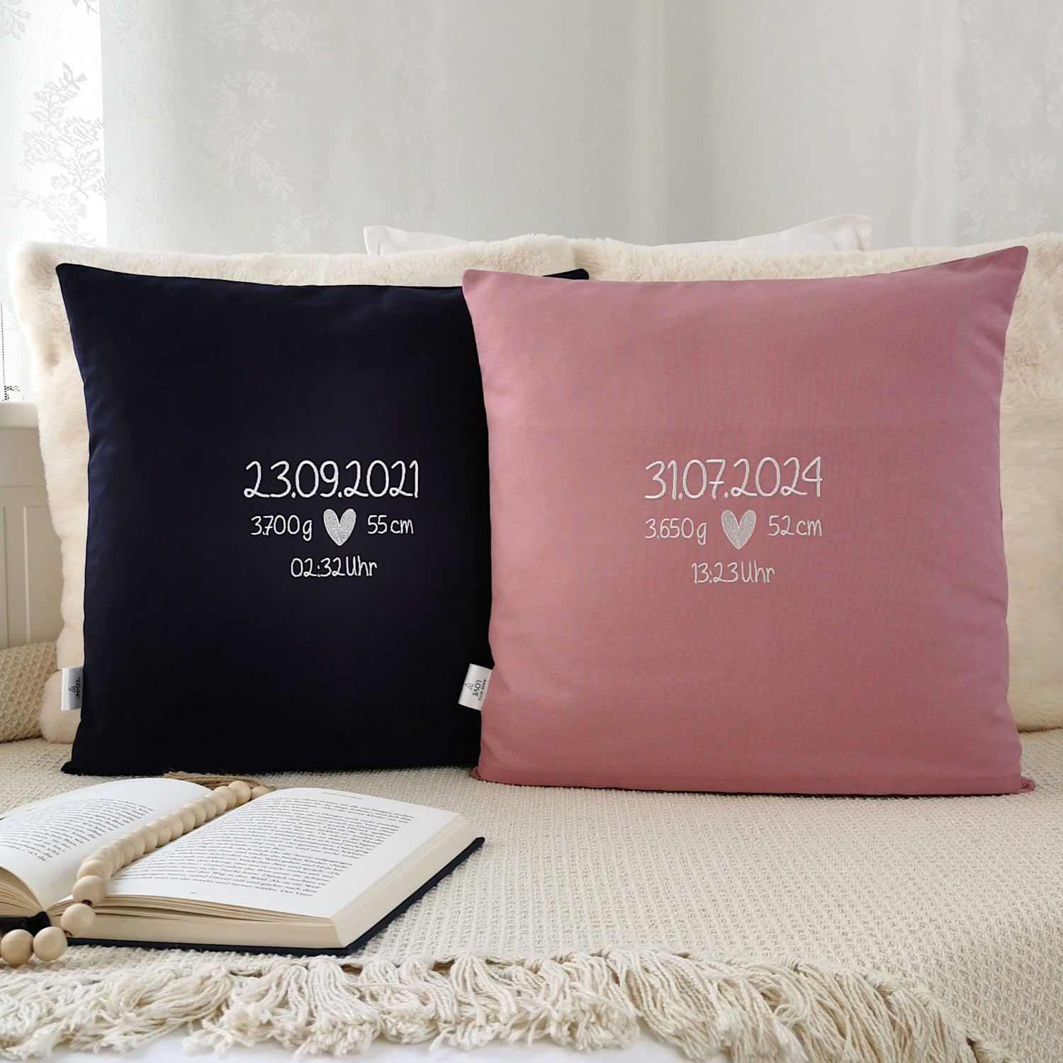 Personalisiertes Baby Kissen in vielen Größen und deinen Lieblingsfarben. Geburtskissen mit Namen und Geburtsdaten, Größe, Gewicht, einem großen und kuscheligen Buchstaben oder Herz bestickt, für Mädchen oder Junge. Babykissen mit Namen und Geburtsdaten, das perfekte Geschenk zur Geburt