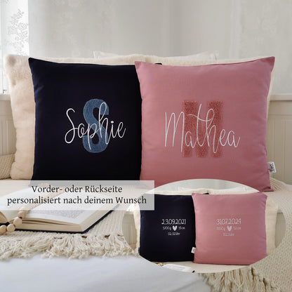 Personalisiertes Baby Kissen in vielen Größen und deinen Lieblingsfarben. Geburtskissen mit Namen und Geburtsdaten, Größe, Gewicht, einem großen und kuscheligen Buchstaben oder Herz bestickt, für Mädchen oder Junge. Babykissen mit Namen und Geburtsdaten, das perfekte Geschenk zur Geburt