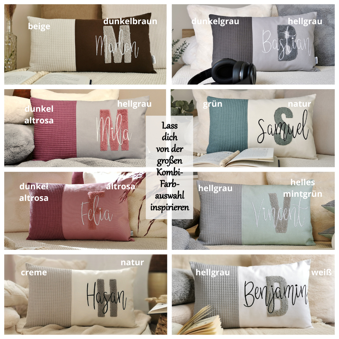 Personalisiertes Kinder Kissen in vielen Größen und deinen Lieblingsfarben. Kissen mit Wunschnamen, großen und kuscheligen Buchstaben bestickt für Mädchen oder Junge. Handgemachte Kuschelkissen von Elari Handmade Design