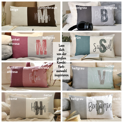 Personalisiertes Kinder Kissen in vielen Größen und deinen Lieblingsfarben. Kissen mit Wunschnamen, großen und kuscheligen Buchstaben bestickt für Mädchen oder Junge. Handgemachte Kuschelkissen von Elari Handmade Design
