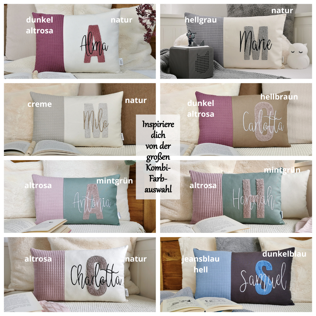 Personalisiertes Kinder Kissen in vielen Größen und deinen Lieblingsfarben. Kissen mit Wunschnamen, großen und kuscheligen Buchstaben bestickt für Mädchen oder Junge. Handgemachte Kuschelkissen von Elari Handmade Design