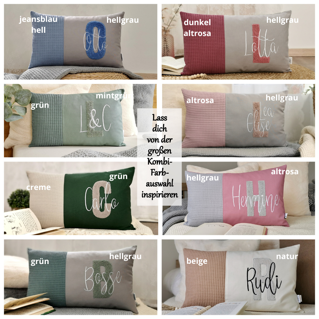 Personalisiertes Kinder Kissen in vielen Größen und deinen Lieblingsfarben. Kissen mit Wunschnamen, großen und kuscheligen Buchstaben bestickt für Mädchen oder Junge. Handgemachte Kuschelkissen von Elari Handmade Design