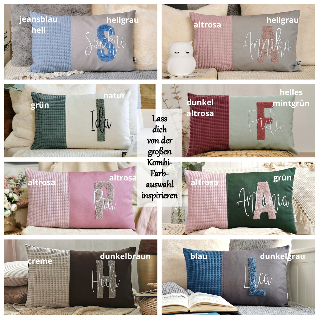Personalisiertes Kinder Kissen in vielen Größen und deinen Lieblingsfarben. Kissen mit Wunschnamen, großen und kuscheligen Buchstaben bestickt für Mädchen oder Junge. Handgemachte Kuschelkissen von Elari Handmade Design