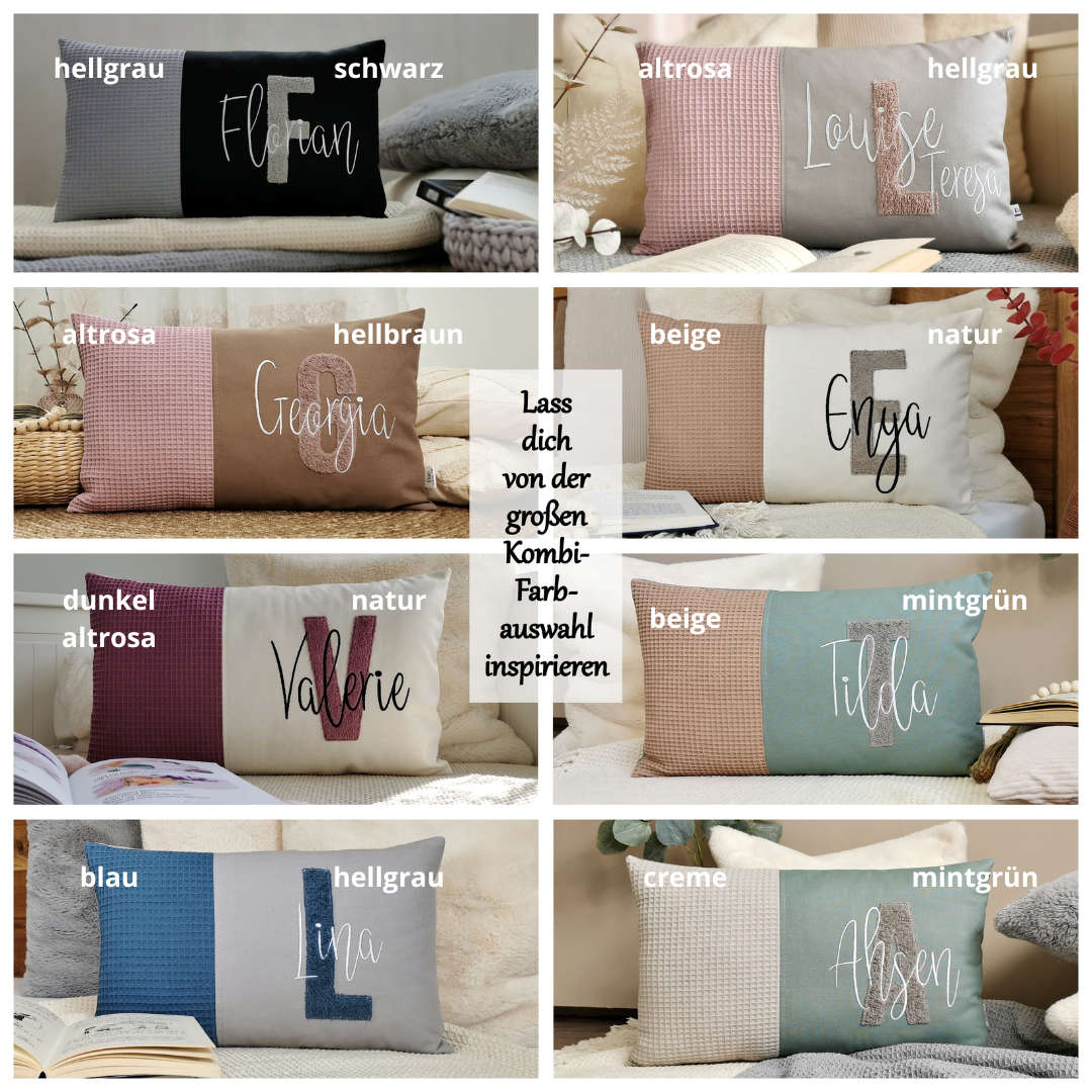 Personalisiertes Kinder Kissen in vielen Größen und deinen Lieblingsfarben. Kissen mit Wunschnamen, großen und kuscheligen Buchstaben bestickt für Mädchen oder Junge. Handgemachte Kuschelkissen von Elari Handmade Design