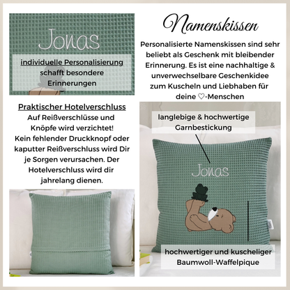 Übersicht Namenskissen, deine Vorteile der individuellen Bestickung, praktischer Hotelverschluss, langlebige und hochwertige Garnbestickung, hochwertiger und kuscheliger Baumwoll-Waffelpique Stoff
