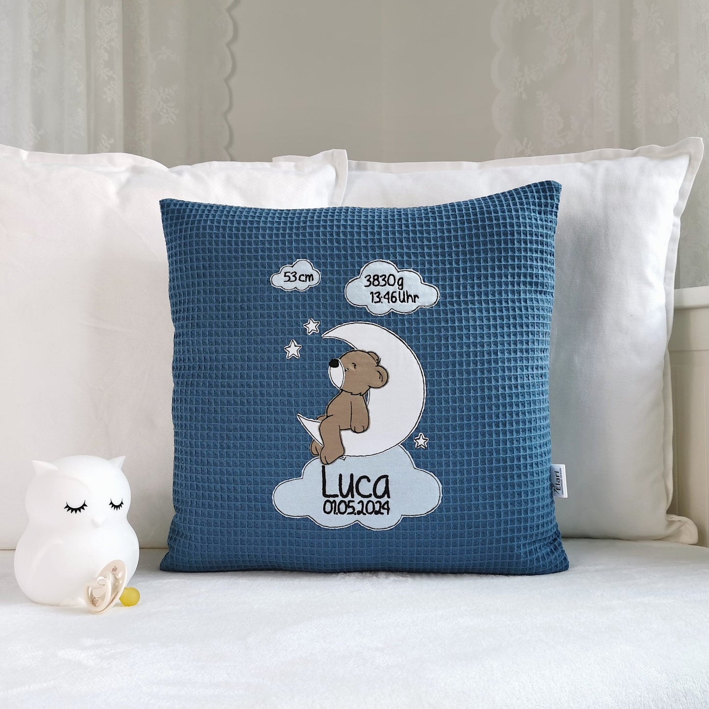 Kissen zur Geburt mit Namen-Geburtskissen mit Größe und Gewicht-Geschenk Kissen zur Geburt personalisiert für Junge-Geburtskissen mit Bär-Elari Handmade Design