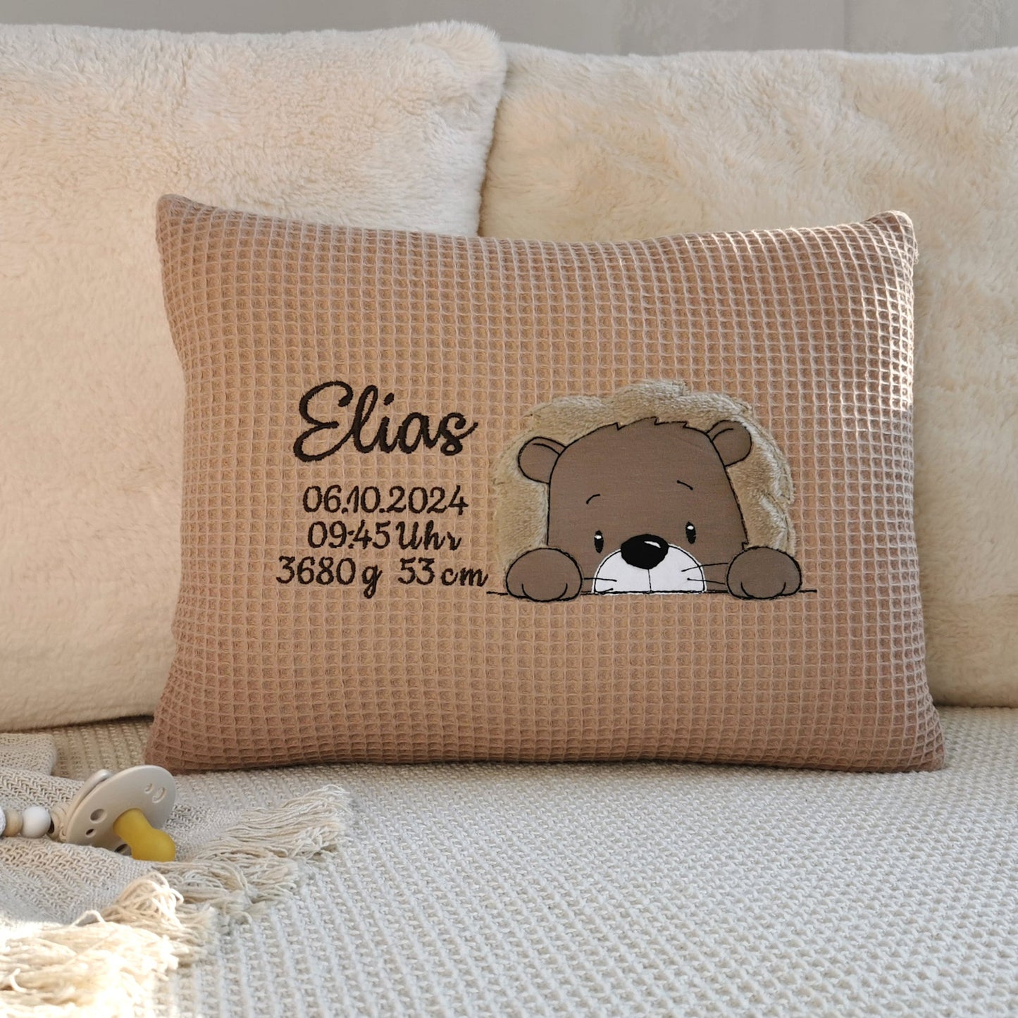 Kissen zur Geburt mit Namen-Geburtskissen mit Größe und Gewicht-Geschenk Kissen zur Geburt personalisiert für Junge-Geburtskissen mit Löwen-Elari Handmade Design