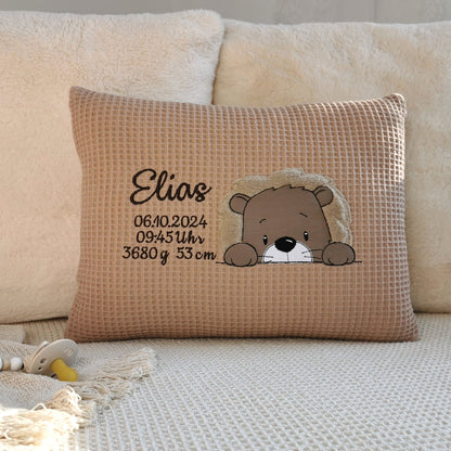 Kissen zur Geburt mit Namen-Geburtskissen mit Größe und Gewicht-Geschenk Kissen zur Geburt personalisiert für Junge-Geburtskissen mit Löwen-Elari Handmade Design